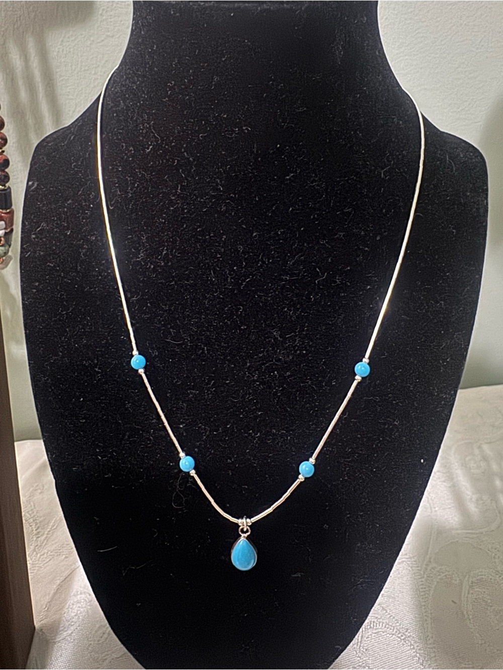 18” Liquid Sterling Silver necklace with Turquoise pendant and beads